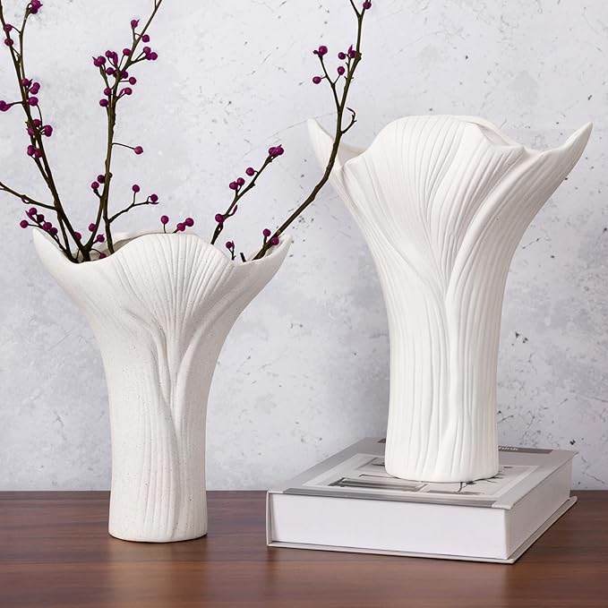 White Ceramic Vase Set of 2, Tree Bark Texture Antler Design, Handmade Nature-Inspired Flower Vases for Centerpiece, Home Office Wedding Decor, Gift Ready with Shockproof Box