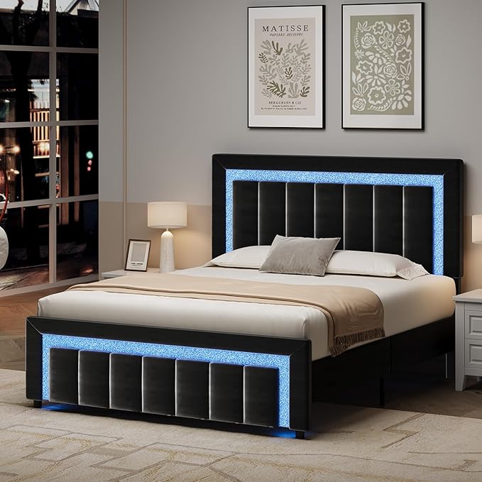 HOMBCK Full Size Bed Frame with LED Lights and Velvet Upholstered Headboard, Bed Frame Full with Modern Diamond Headboard Adjustable, Wooden Slats Support, Noise Free, No Box Spring Needed, Black