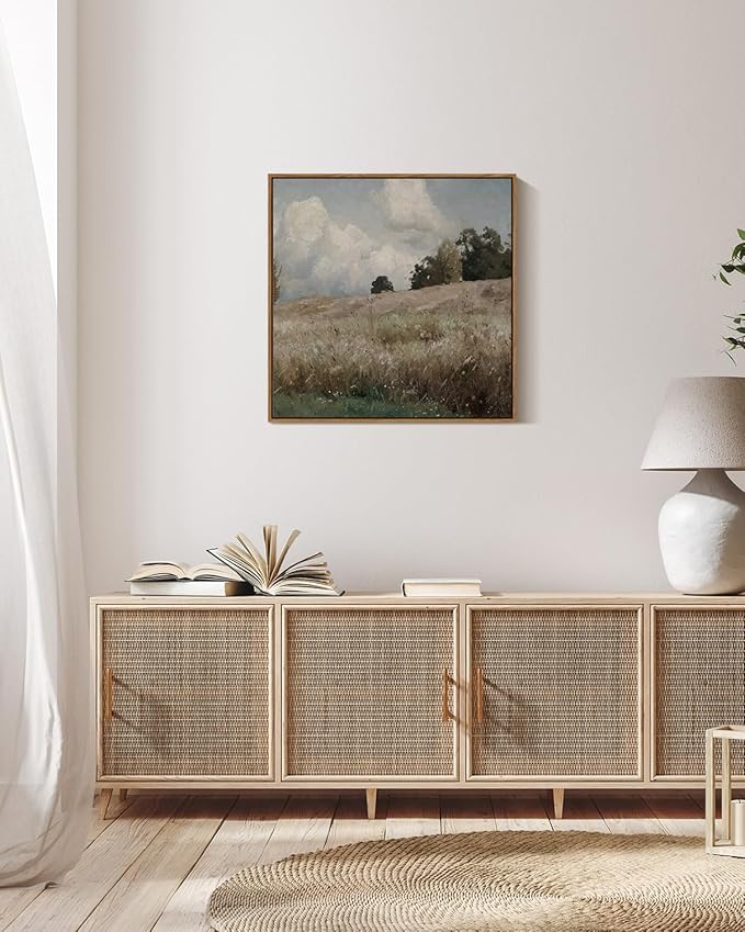 InSimSea Square Framed Canvas Wall Art, Vintage Prints Farmhouse Scenery Vast Field Grassland Wall Art Decor, Classical Nature Paintings Home Decor for Living Room Bedroom Office 16"x16"