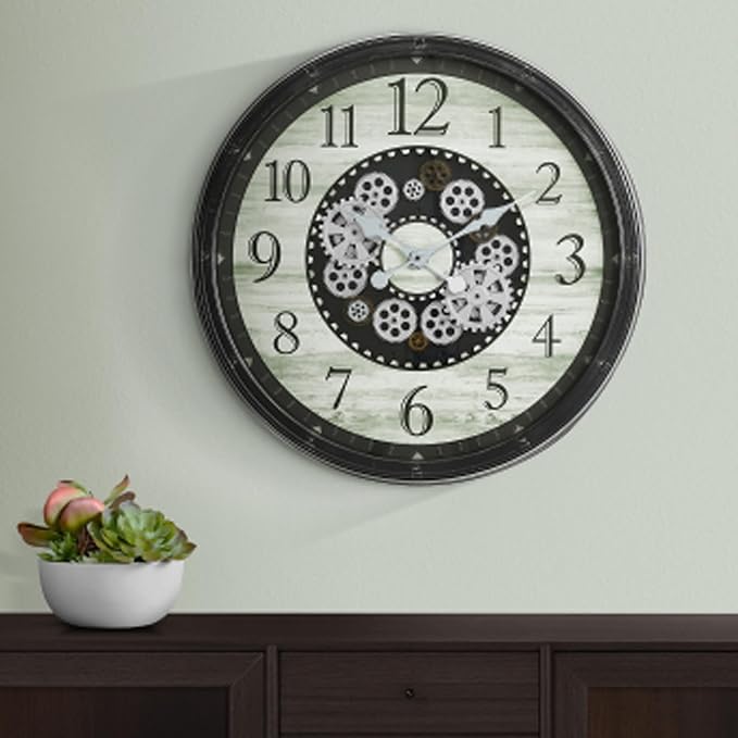 30" Farmhouse Series Wall Clock, Vintage Industrial Style, Steampunk 3D Arabic Numeral, Moving Gear Wall Decor for Living Room, Dining Room, and Entryway