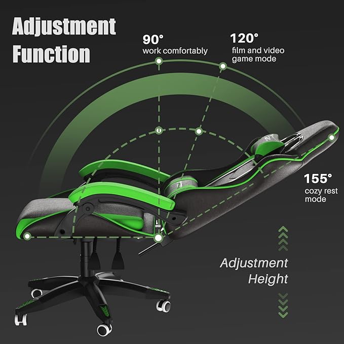 Gaming Chair High Back, Ergonomic Computer Gamer Chair with Headrest and Lumbar Support, Racing Style Reclining Game Chair for Adults, Kids (Green-Black)