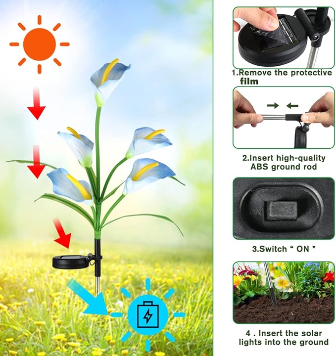 Veesee Solar Garden Lights - Outdoor Stake Lights with Calla Lily Design, Decorative for Lawn, Yard, Patio & Landscape (White, 2Pack)