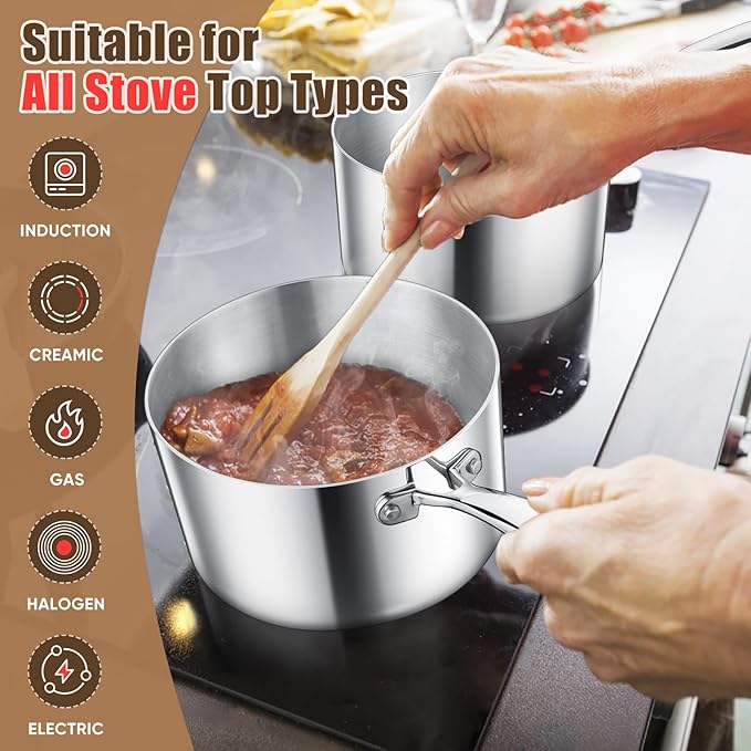 1/2/3QT Saucepan with Lid Set of 3, E-far 18/10 Stainless Steel Sauce Pan Pot Metal Triply Cookware for Kitchen Cooking Pasta Warming Milk Boiling Water, Induction Ready & Heavy Duty