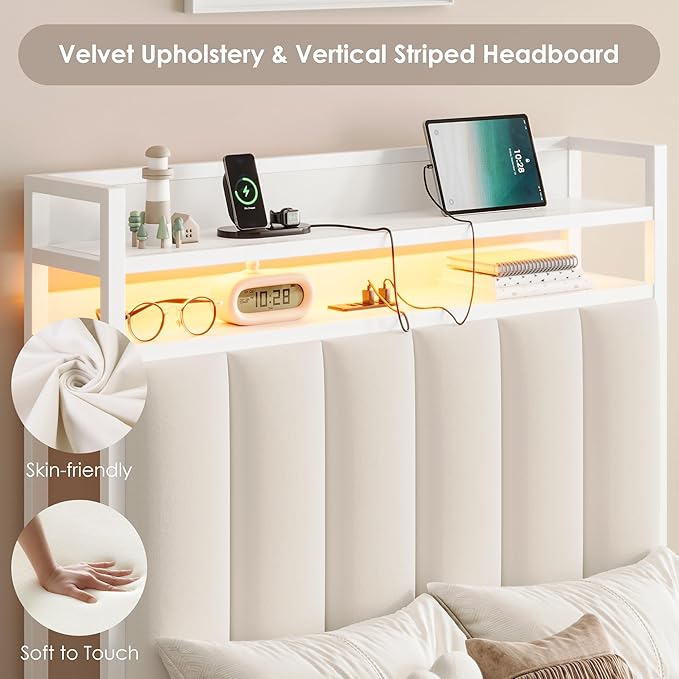 Keyluv Twin Bed Frame with Storage Headboard & Charging Station, Upholstered LED Platform Bed with Bedside Storage Rack & Drawer, Metal Slat Support, No Box Spring Needed, Velvet Fabric, White