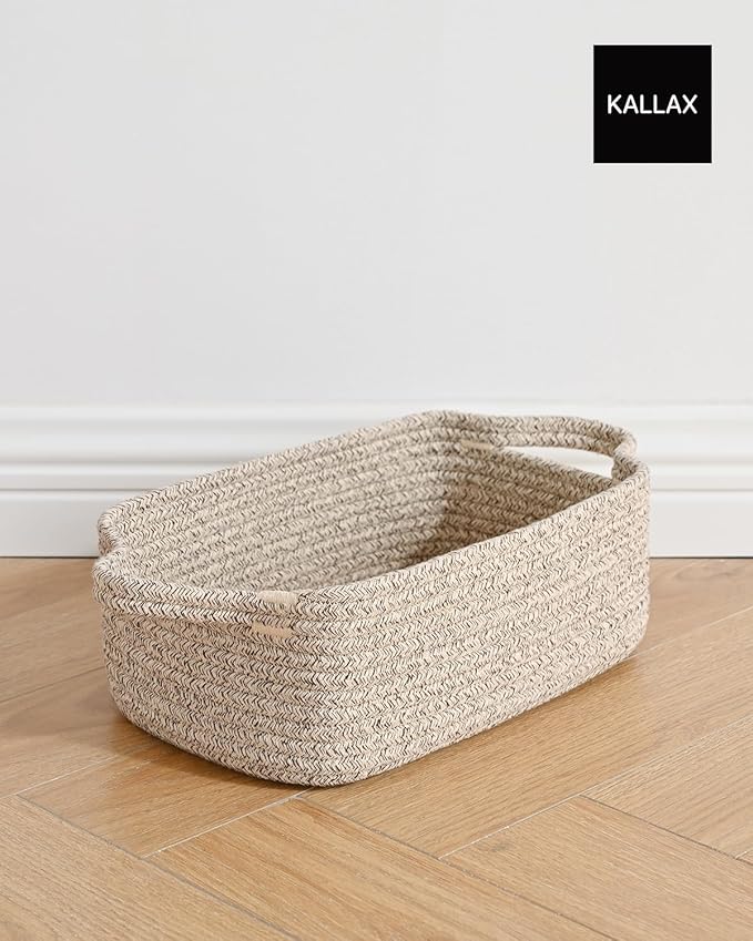 KALLAX Small Woven Basket, 12 x 8 x 4.5 Inches, Small Storage Baskets for Organizing, Gift Baskets Empty, Cute Rope Shelf Closet Storage Bins for Shelves, Dog Toy Basket, 3 Packs, Mixed Brown