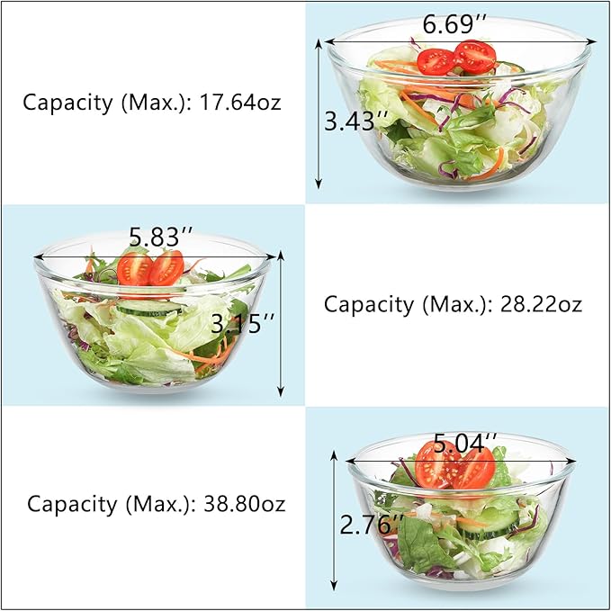 WHJY 3 Pack of Glass Cereal Bowls 5 Inches Glass Mixing Bowls for Kitchen Clear Glass Serving Bowls for Salad Pasta Soup Cereal