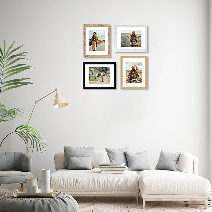 11x14 Picture Frame Set of 4, High Definition Tempered Glass 11 x 14 Photo Frames for Wall Mounting(Distressed White+Oak+Rustic Brown+Black)