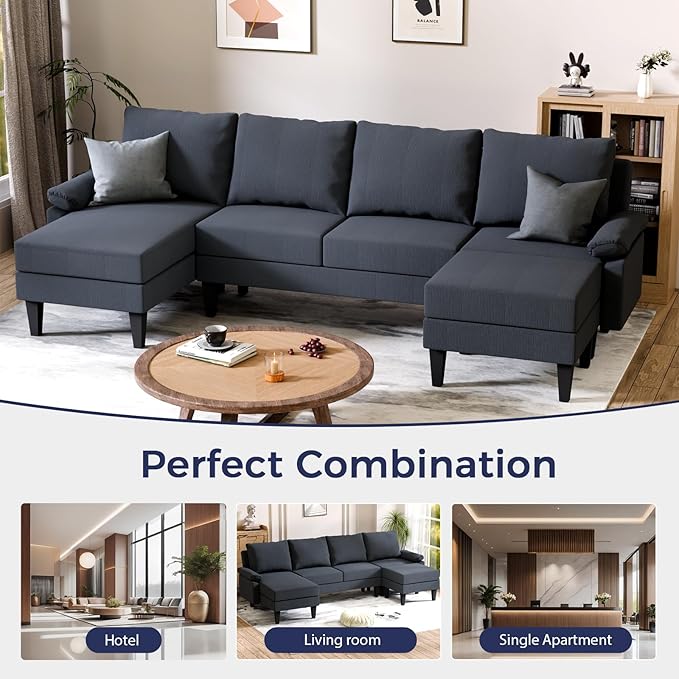 FONTOI U Shaped Sectional Couch, Convertible Modular Sectional Sofa with Chaise & Ottomans, Modern 6 Seat U Shaped Couches for Living Room Apartment, Blue