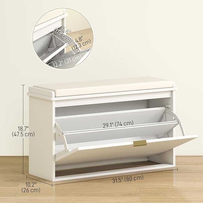 HOMCOM Narrow Shoe Bench with Padded Seat Cushion and Flip-Drawer, Small Entryway Bench Holds up to 265lb, Shoe Cabinet, 31.5x10.2x18.7 Inches, White