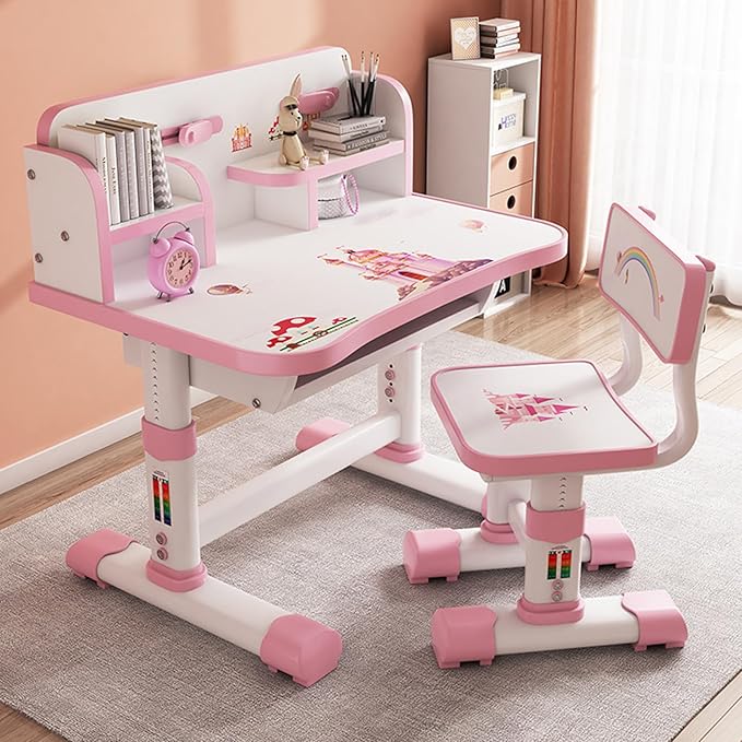 Children Learning Desk and Chai Set, Children Study Desk with Chair,Kids Widened Desktop Cartoon Pattern Pink Desk Chair, Suitable for Reading, Learning, Writing, Painting, Etc Blue(Pink-B)