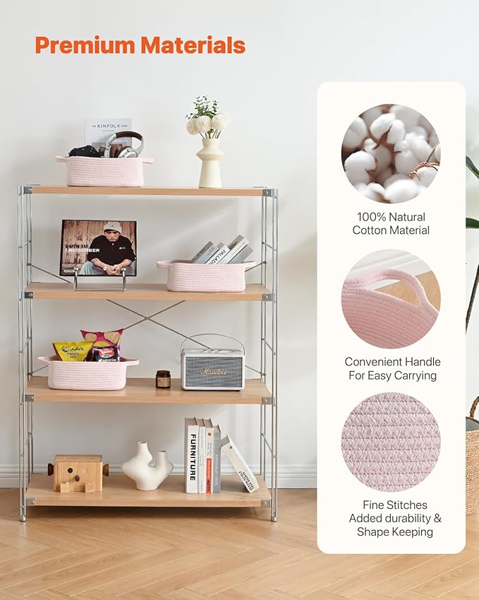 KALLAX Small Woven Basket, 12 x 8 x 4.5 Inches, Small Storage Baskets for Organizing, Gift Baskets Empty, Cute Rope Shelf Closet Storage Bins for Shelves, Dog Toy Basket, 3 Packs, Light Pink