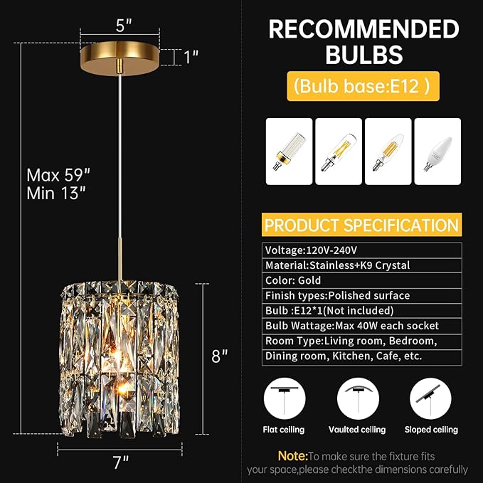 Modern K9 Crystal Pendant Lights Kitchen Island,1 Lighting Gold Chandeliers for Dining Room Light Fixtures Over Table,Hanging Chandelier for Kitchen Island Entryway Bathroom BedHead Light