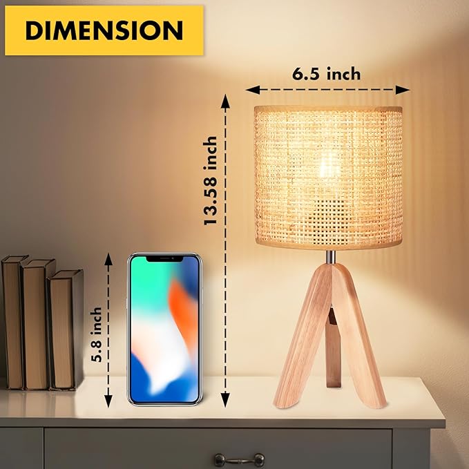 Hamilyeah Tripod Lamps for Night Stands Set of 2, Boho Bedside Lamps with Wicker Shade, Woven Table Lamps for Living Room with On/Off Switch, Wood Desk Lamps for Bedroom