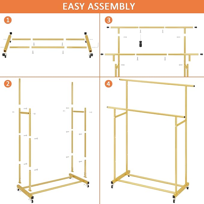 Calmootey Double Rod Clothing Garment Rack,Rolling Hanging Clothes Rack,Portable Clothes Organizer for Bedroom,Living Room,Clothing Store,Gold