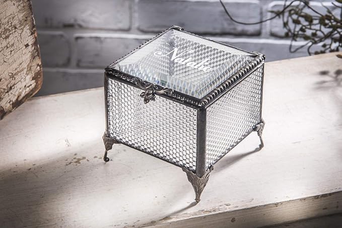 Personalized Engraved Jewelry Box Decorative Vanity Display Stained Glass Keepsake - J Devlin Box EB217-1 (Clear Honeycomb)