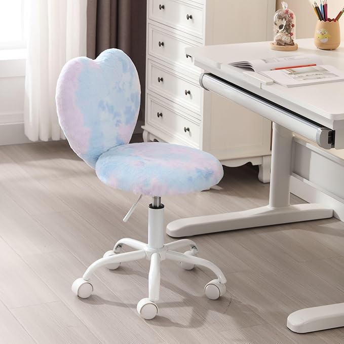 Kids Desk Chair Girls Students Study Chair Adjustable Computer Chair Furry Swivel Office Reading Chairs Child Cute Heart Back Chairs for Home/Bedroom/School/Dorm/Vanity, Blue