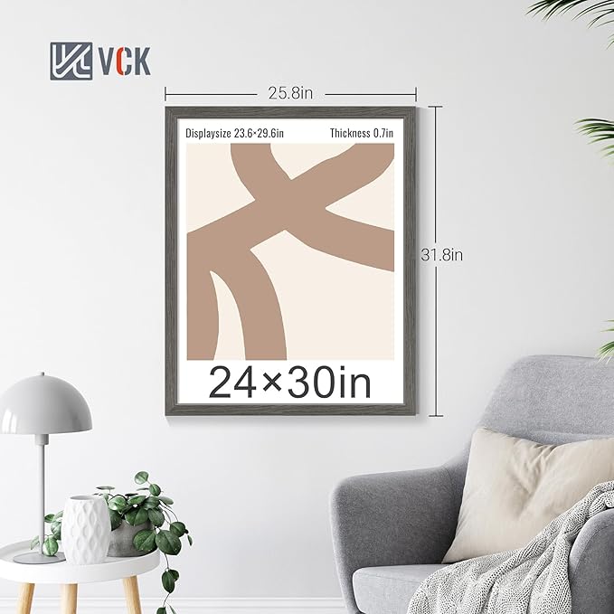 VCK 24x30 Poster Frame Set of 4 - Grey, Gallery-Quality Wood Picture Frames, 1.1-Inch Wide Border, Polished Plexiglass, Vertical or Horizontal Wall Display for Photo/Art/Prints, Grey