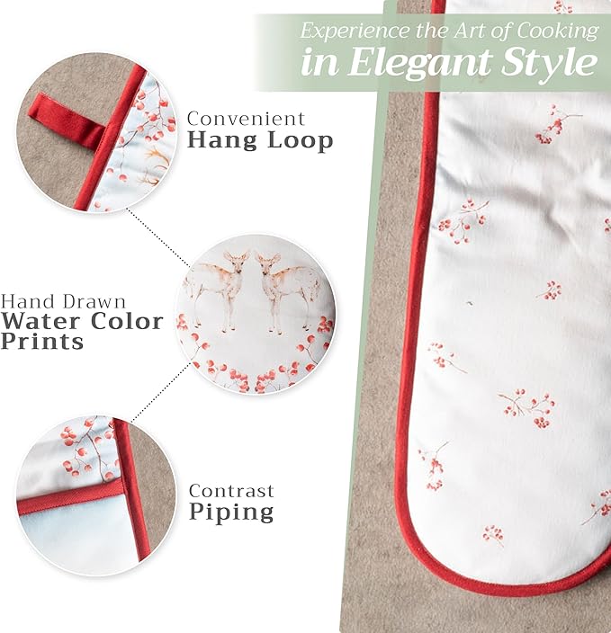 Maison d' Hermine Double Oven Mitt (7" x 35") 100% Cotton Heat Resistant BBQ Cooking Gloves with Loop for Thanksgiving Christmas Decorations Baking Cooking Handling Hot Pan (Fairy Tale Forest)