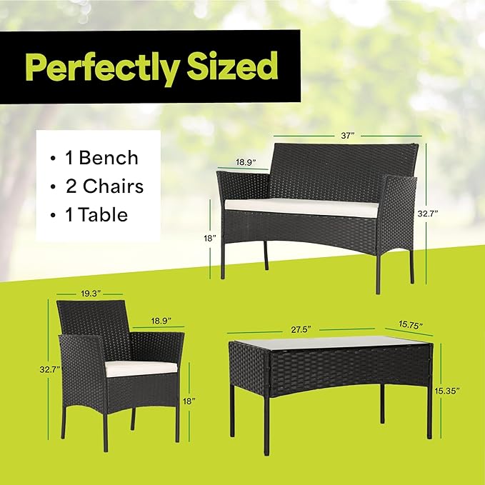 EconoHome 4-Piece Outdoor Patio Furniture Set - Patio Set with 2 Rattan Chairs, 1 Loveseat & 1 Glass -Top Coffee Table - Weather-Proof Wicker with Cushions - Conversation Set for Porch, Balcony, Lawn