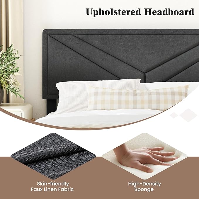 Giantex Full Size Platform Bed Frame, Modern Upholstered Bed Frame with Diagonal Channel Tufting, Wooden Slats Support, No Box Spring Needed, Gray