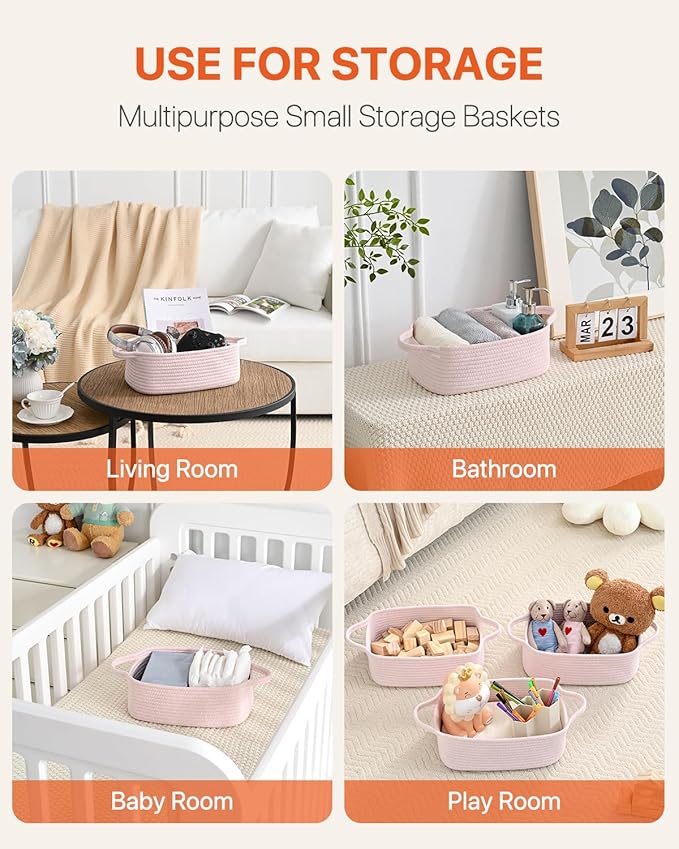KALLAX Small Woven Basket, 12 x 8 x 4.5 Inches, Small Storage Baskets for Organizing, Gift Baskets Empty, Cute Rope Shelf Closet Storage Bins for Shelves, Dog Toy Basket, 3 Packs, Light Pink