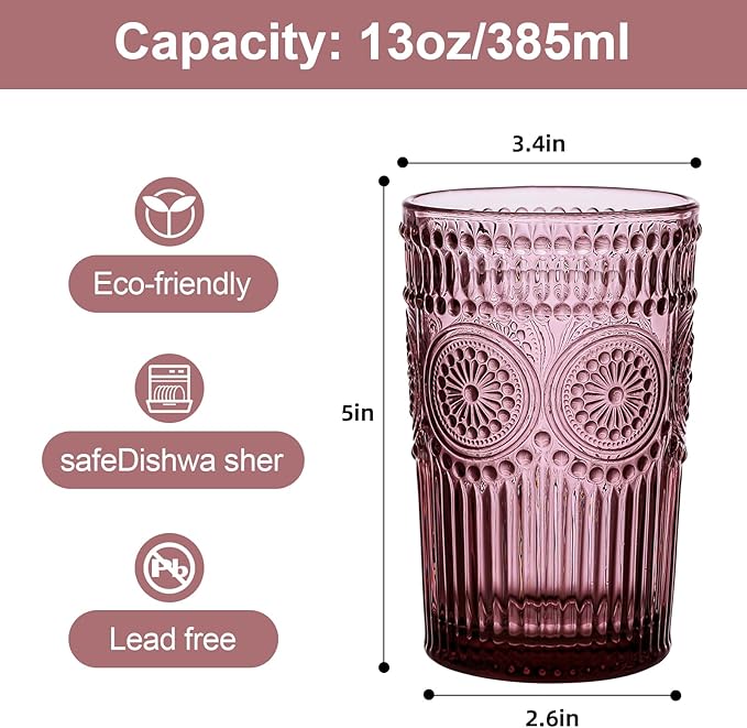 Vintage Glassware Drinking Glasses Set of 6,13 oz Purple Textured Flower Design Glass Water Tumblers,Embossed Striped Drinkware for Water,Cocktails,Juice,Iced Coffee