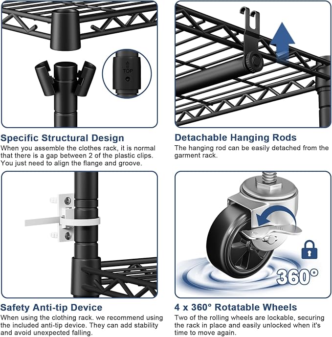 P8C Heavy Duty Clothes Rack(With Extended Width Design) Rolling Clothing Racks for Hanging Clothes with Lockable Wheels,51.2"W x 15.8"D x 80.5"H,Max Load 700LBS,Black Rack with Black Cover