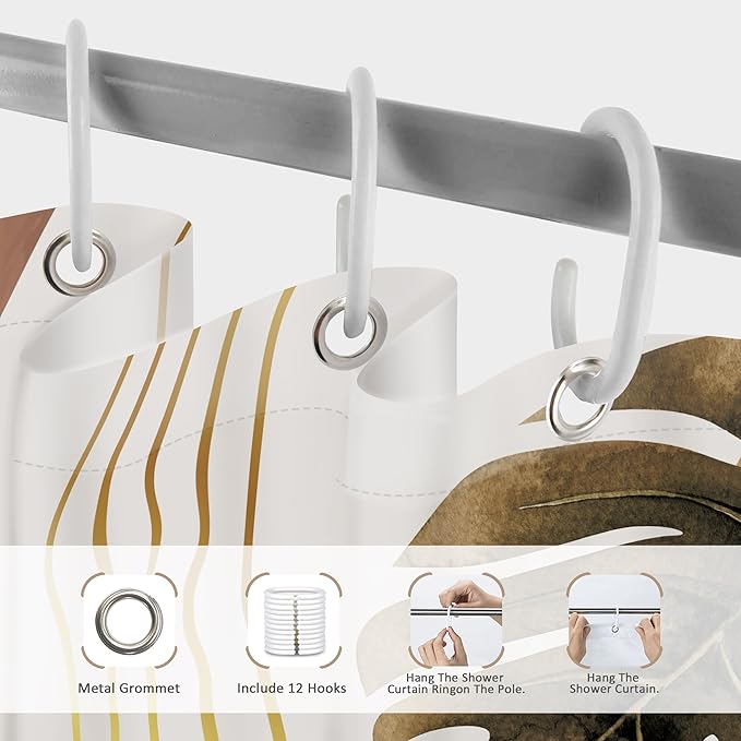 Glawry Boho Brown Shower Curtain 60Wx72L Inches, Abstract Bohemian Mid Century Bathroom Curtains, Plant Botanical Palm Leaf Shower Curtain Set Bath Accessories Fabric Waterproof 12 Hooks