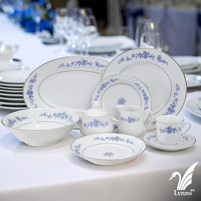 Lynns Paradise Royal Rose 9-Inch Big Bowl, Set of 3, Blue; 24K Gold Trim, Embossed Swirl, Colorful Floral Print, Porcelain