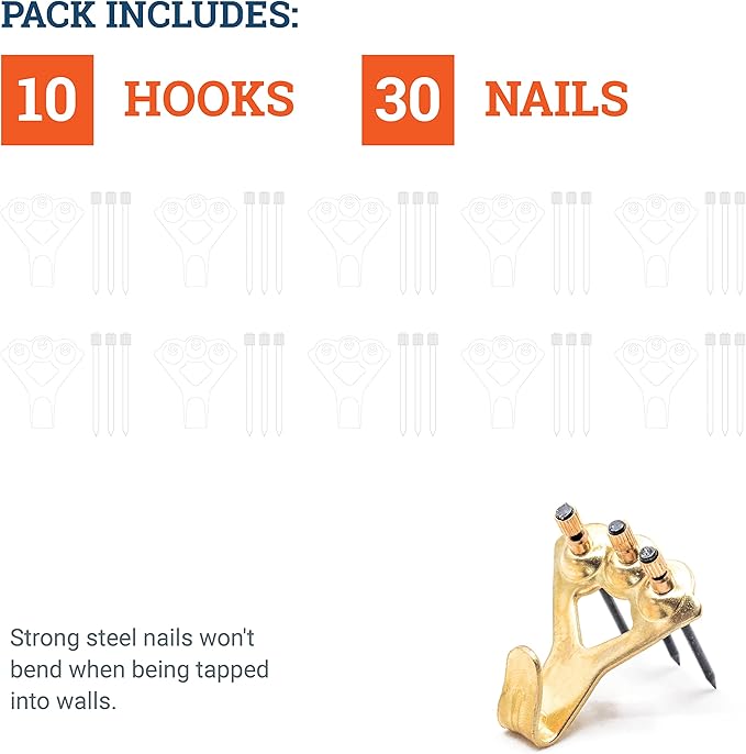 100 lb Picture Hangers, 10 Pack with Nails - Picture Hanging Hooks, Picture Hanging Hardware, Frame Hooks or Hangers, Heavy Duty Picture Hangers, Mirror Hanger - for Drywall and Plaster