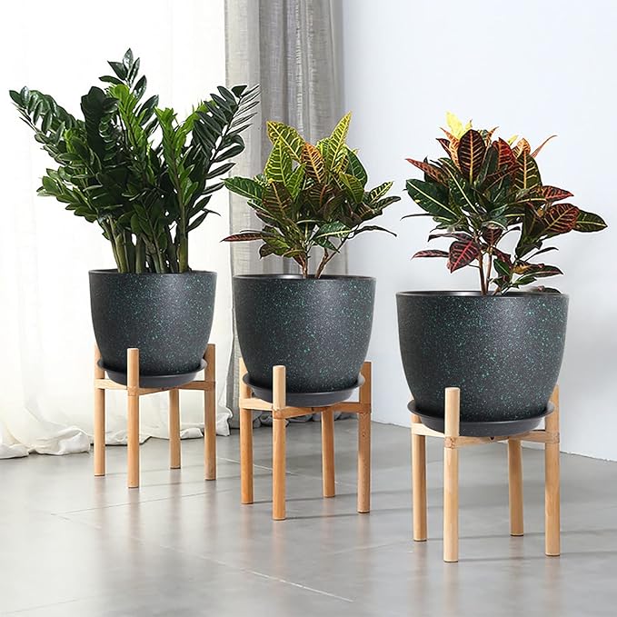 WOUSIWER Plant Pots 10/9/8 inch, Set of 3 Modern Decorative Plastic Planters with Drainage Holes and Saucers for House Plants Indoor Flowers Plants, Black with Green Speckles