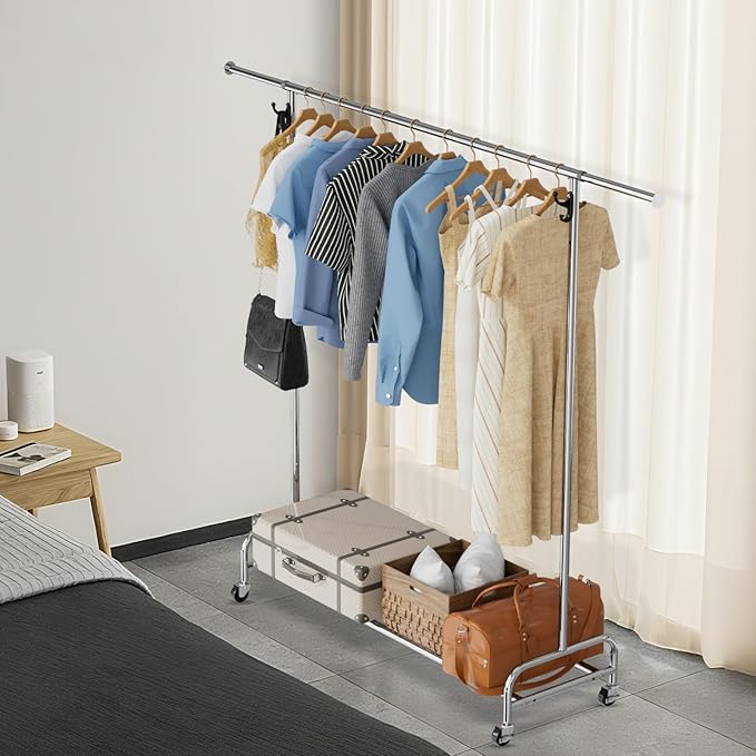Standard Clothing Garment Rack with Wheels, 47.05" to 65.94" Adjustable Chrome Clothes Rack for Hanging Clothes, Portable Rolling Clothing Rack with Lockable Casters for Bedroom, Laundry Room