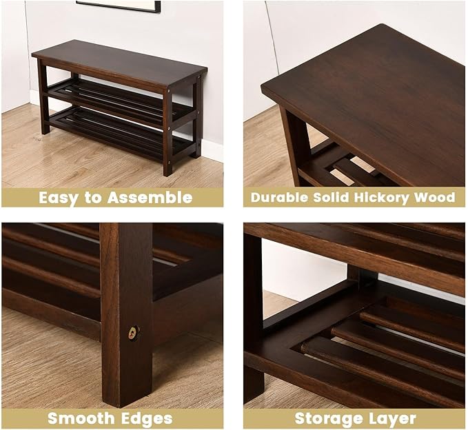 CONSDAN Wood Shoe Bench Rack, USA Grown Hickory, Entryway Bench with Shoe Storage, Mud Room Bathroom, Front Door, Outdoor/Indoor, Dark Walnut(Black)