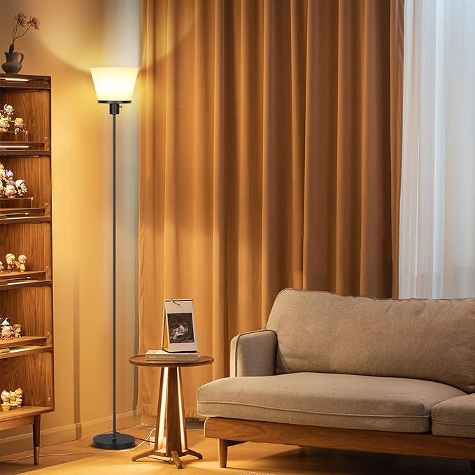LED Floor Lamp Tall Standing Lamp, Black Modern Torchiere Floor Lamps for Bedroom Living Room Office, Bright Floor Lamp with White Plastic Shade, Bulb Not Included.