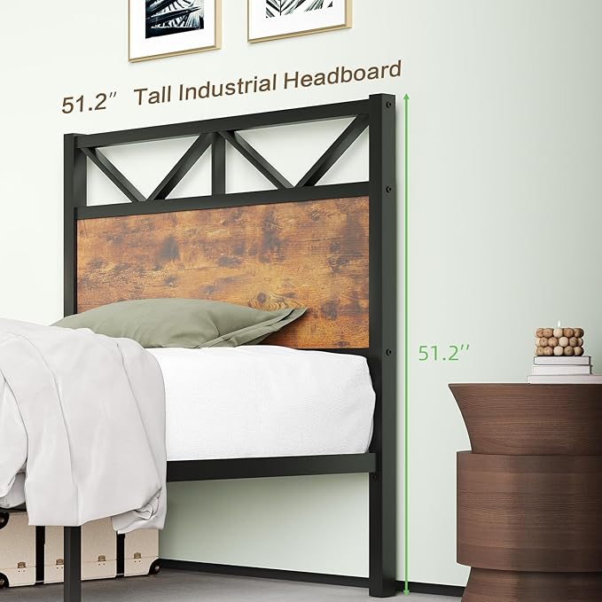 Twin Bed Frames, Bed Frame Twin Size with 51.2" Tall Industrial Headboard, Twin Size Patform Bed Frame with Solid Steel Slats Support, Noise Free, No Box Spring Needed, Easy Assembly, Rustic Brown