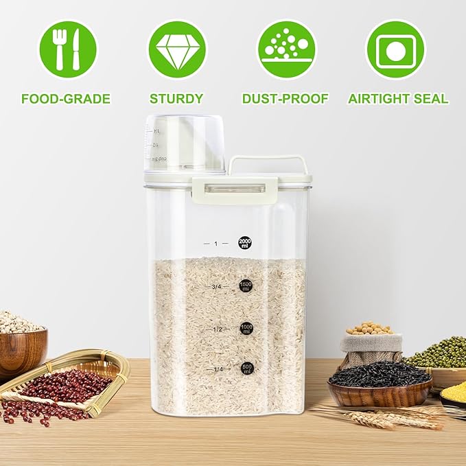 TBMax Rice Container, High Transparency PET Airtight Food Storage Container 2.64 Qt/4 Lbs, Kitchen Pantry Cereal Storage Container with Measuring Cup, Small Pet Cat Dog Food Container Dispenser -Beige