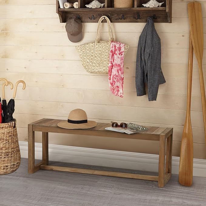 Wnutrees Farmhouse Solid Wood Bench, 43" Line Pattern Splicing Entryway Bench, Narrow Bench Seat for Living Room, Dining Room, Bathroom, Indoors, Natural
