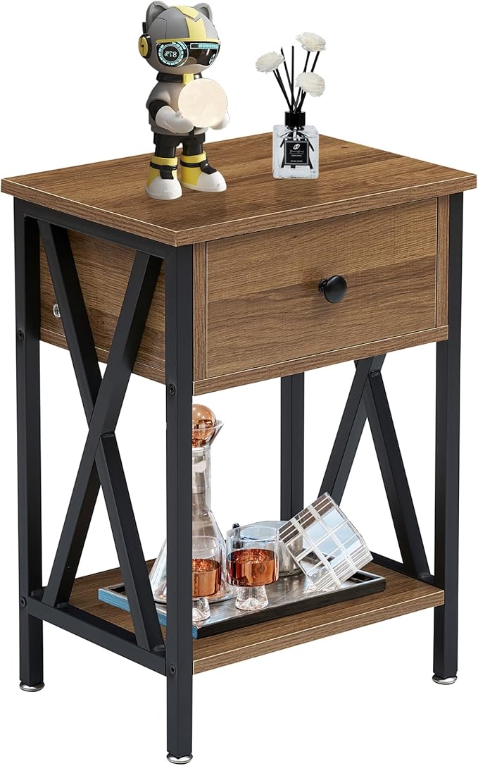 VECELO Nightstand,Modern Bedside End Table, Night Stand with Drawer and Storage Shelf for Living Room Bedroom, Industrial Metal Frame