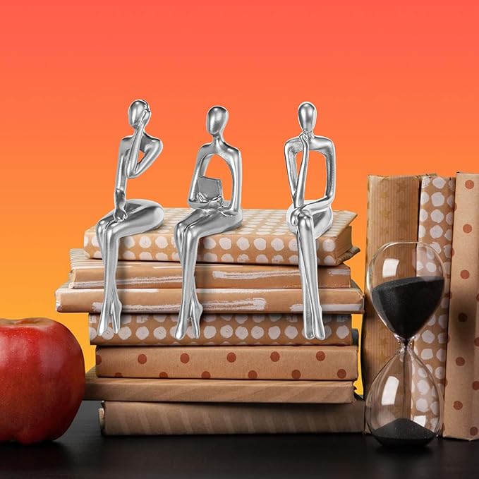 Thinker Statue Gold Decor Abstract Art Sculpture, Golden Resin Collectible Figurines for Home Living Room Office Shelf Decoration,Great Gifts Ideas (Sitting Posture-Silvery)