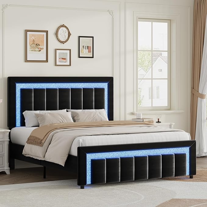 HOMBCK Full Size Bed Frame with LED Lights and Velvet Upholstered Headboard, Bed Frame Full with Modern Diamond Headboard Adjustable, Wooden Slats Support, Noise Free, No Box Spring Needed, Black