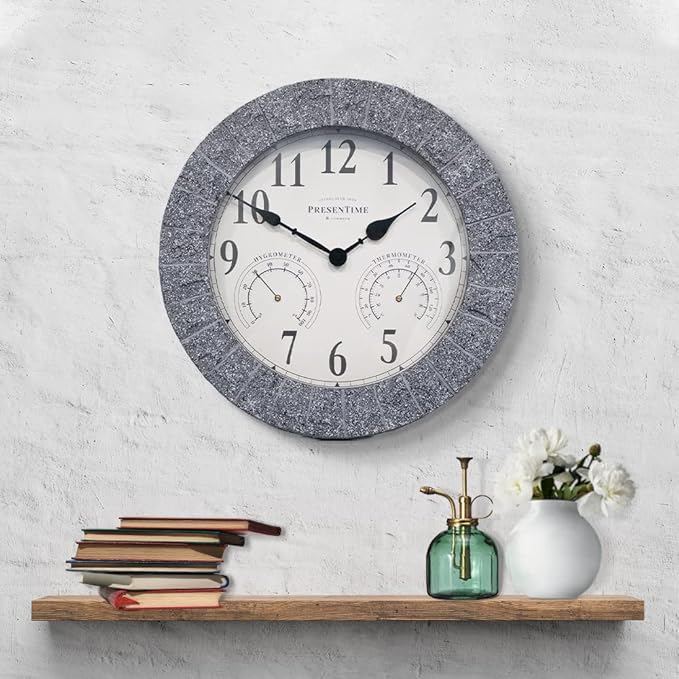 Presentime & Co Sandstone Outdoor Clock with Thermometer & Hygrometer as All in one Weather Station, 14", Gray Sandstone Finish. Weather Thermometer, Outdoor Décor, Wall Décor.
