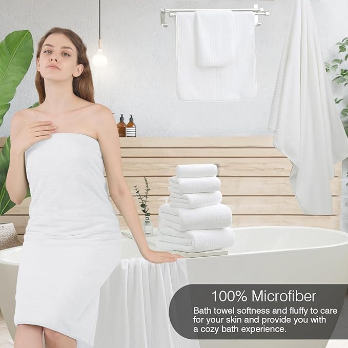18 Piece Family Bath Towel Set Include 6 Bath Towels,6 Hand Towels and 6 Washcloths Soft Bathroom Towel with Hanging Loops,Highly Absorbent Quick Dry Towels Set for Bathroom,Hotel and Spa-White