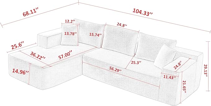 104.3 X 68.1'' Sectional Sofa, Sherpa Fabric L Shaped Corner Sofa, 3 Seat Modern Upholstered With 2 Pillows, Left Hand Lounge for Living Room, Office