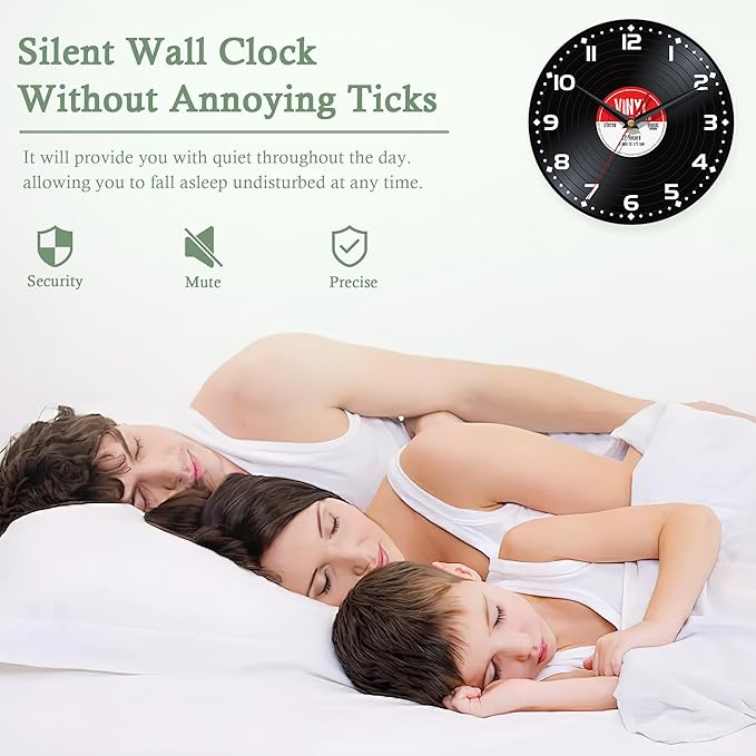 Wall Clocks,Record Wall Clock Decorative,Musical Black Kitchen Wall Clocks Battery Operated-10 Inch Round Bathroom Wall Clock Silent Non-Ticking
