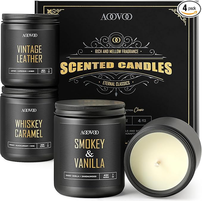 AOOVOO Scented Candles for Men - 4 Pack Candles for Home Scented, 28oz Soy Wax, 200 Hour Burn Time, Men Candle Set, Leather/Smoke & Vanilla/Whiskey Caramel/Lavender Candle Set