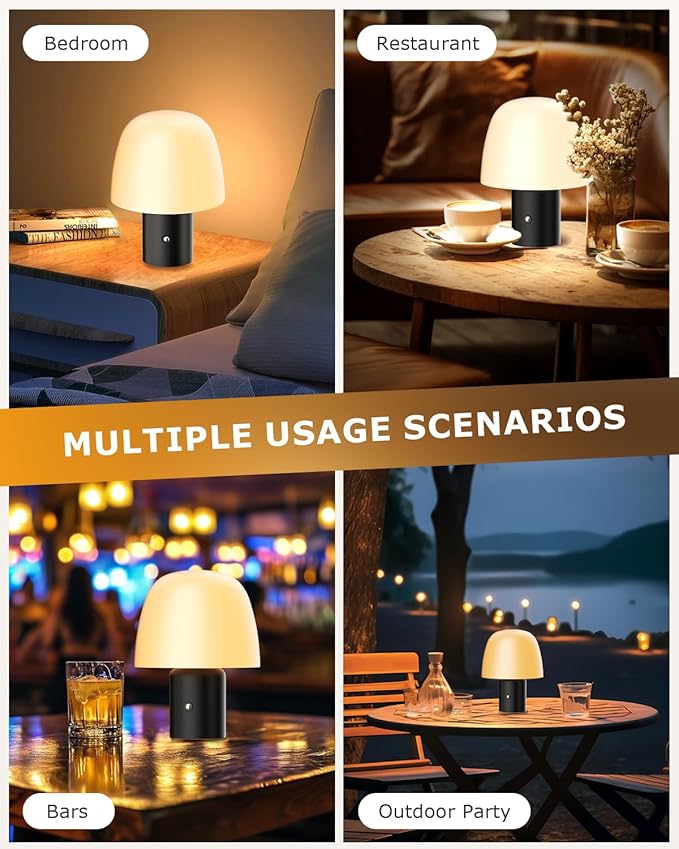 Portable LED Table Lamp, Cordless Desk Lamp Rechargeable, 3-Color Touch Stepless Dimming Night Light for Bedroom/Children's Room/Terrace/Dining Room/Cafe (Black)
