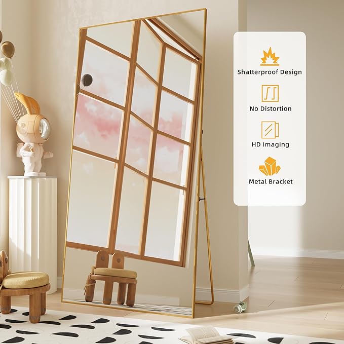 FANYUSHOW Full Length Mirror with Stand 65"x23.6",Floor Standing Aluminum Frame for Living Room,Tempered Glass Floor Mirror,Simple Home Decor,Wall Decor for Bedroom & Bathroom,Full Body Mirror,Gold