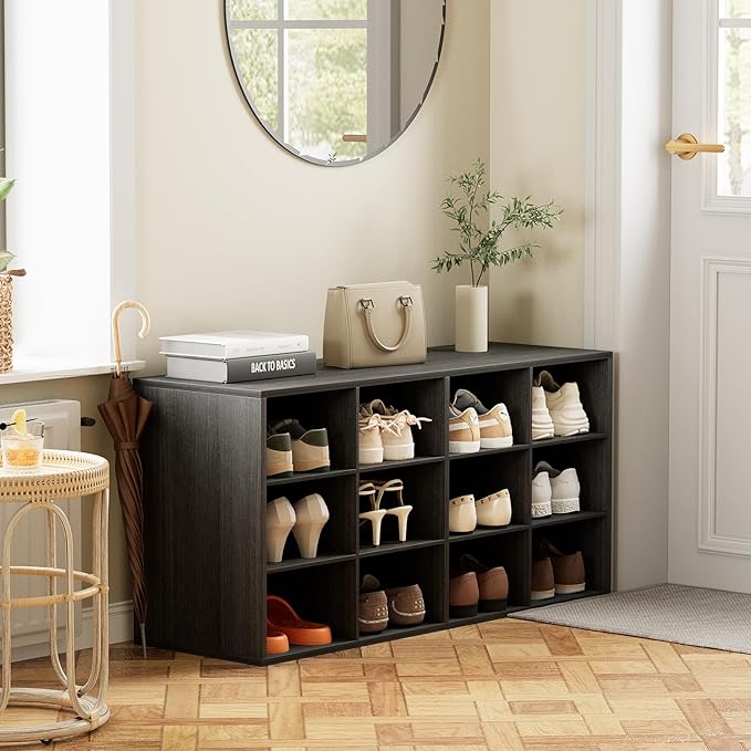 12-Cubby Shoe Rack, 3-Tier Wood Shoe Organizer, Multifunctional Shoe Organizer Bench for Entryway, Mudroom, Hallway, Closet,36.22 * 11.81 * 17.72 Inch,Black