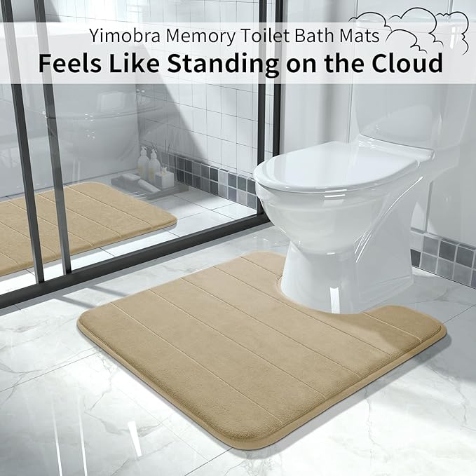 Yimobra Memory Foam Toilet Bath Mat U-Shaped, Soft and Comfortable, Super Water Absorbent, Non-Slip, Machine Wash and Easy to Dry for Bathroom Commode Contour Rug, 24 X 24 Inches, Pale Khaki
