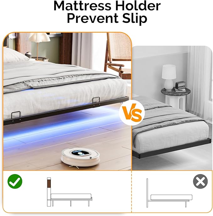 VINGLI King Size Floating Bed Frame with LED Lights and Charging Station, Cozy Hidden Storage Velvet Upholstered Headboard,No Box Spring Needed,Easy Assembly,Black